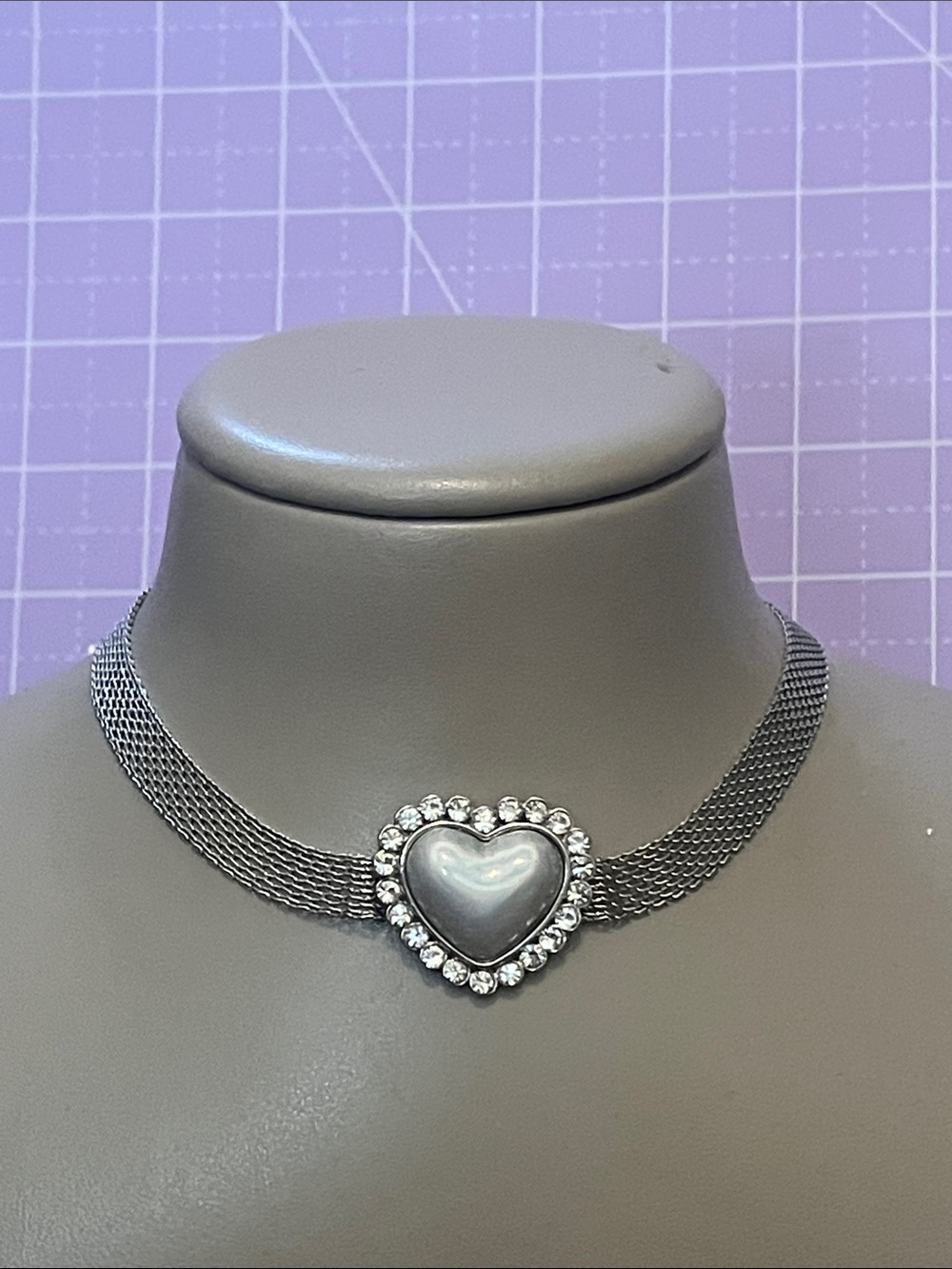 Silver Mesh Heart Choker Necklace with Rhinestone Halo Y2K inspired